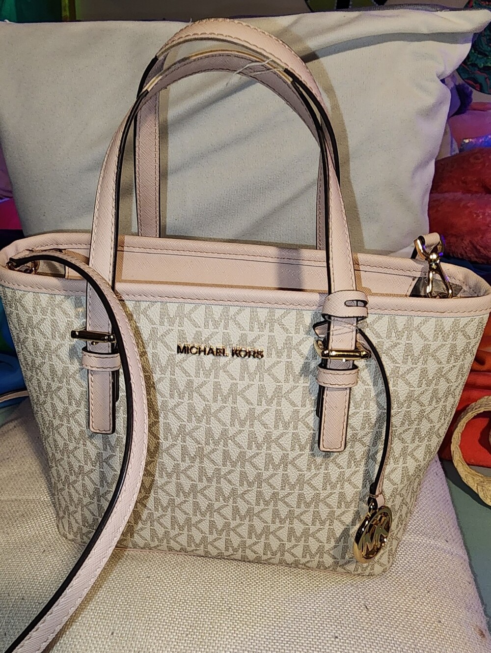 Michael Kors Jet Set Signature Monogram Light Pink and Beige Crossbody Purse